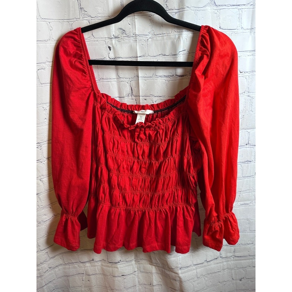 H&M Smocked Peplum Top Square Neck Long Sleeve Red Blouse XL